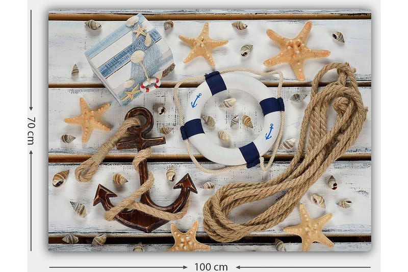 Lerretsbilde 70x100 cm - Maritimt stilleben med skjell, stjerneformet sjøstjerne og livbøye - Beige / Blå / Brun - Innredning - Bilder & kunst - Lerretsbilder
