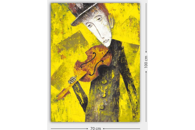 Lerretsbilde 70x100 cm - Melankolsk musiker som holder en fiolin mot en lys gul bakgrunn - Gul / Svart / Brun - Innredning - Bilder & kunst - Lerretsbilder