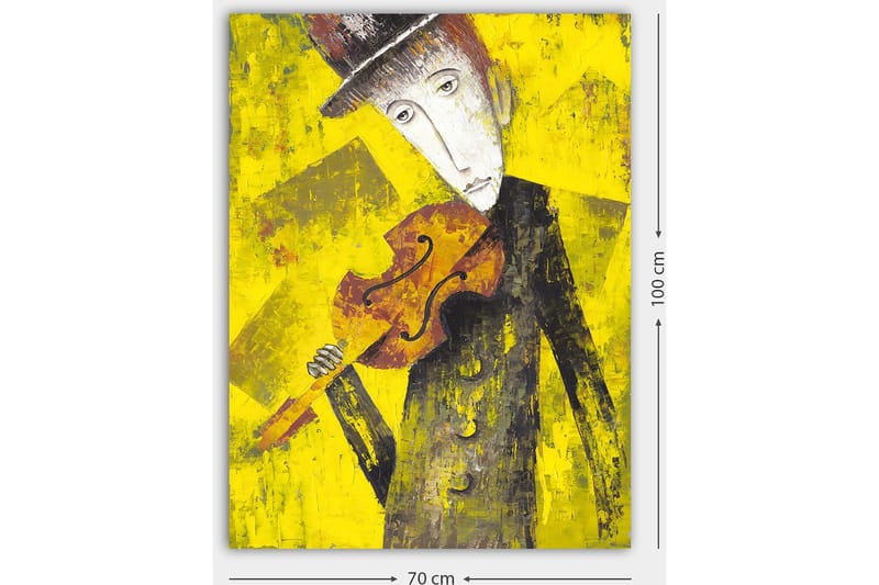 Lerretsbilde 70x100 cm - Melankolsk musiker som holder en fiolin mot en lys gul bakgrunn - Gul / Svart / Brun - Innredning - Bilder & kunst - Lerretsbilder
