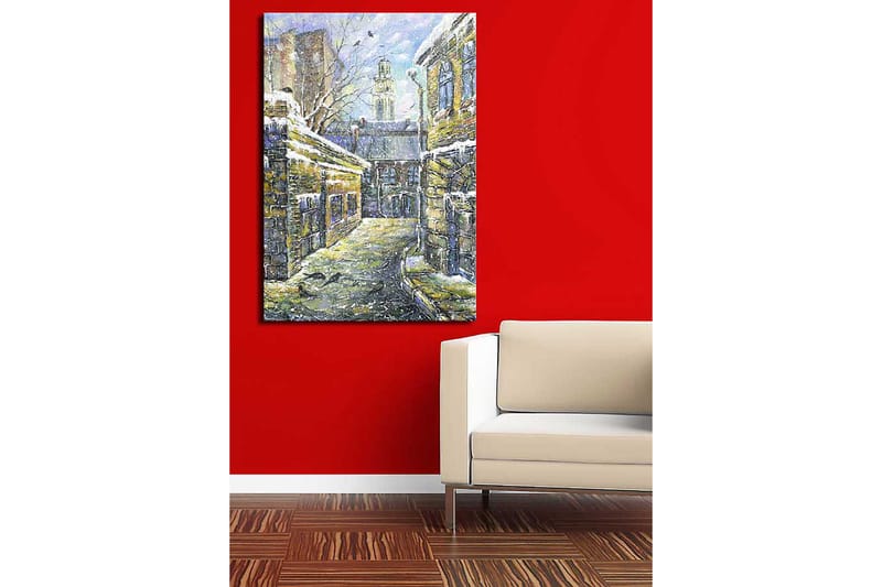 Lerretsbilde 70x100 cm - Melkeveien omgitt av gamle bygninger med snø på takene - Gul / Blå / Hvit - Innredning - Bilder & kunst - Lerretsbilder