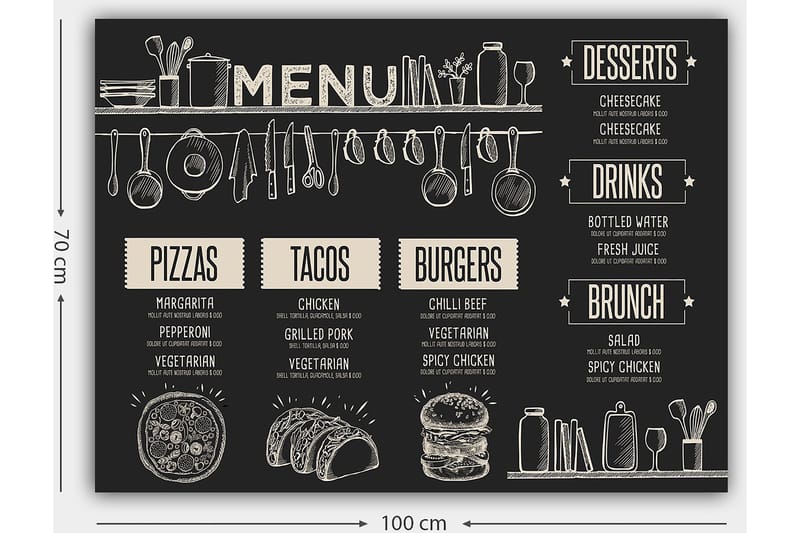 Lerretsbilde 70x100 cm - Meny med diverse retter og drikkevarer illustrert i et stilig design - Svart / Beige - Innredning - Bilder & kunst - Lerretsbilder