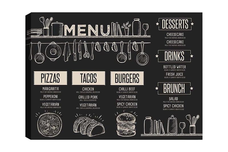 Lerretsbilde 70x100 cm - Meny med diverse retter og drikkevarer illustrert i et stilig design, Svart / Beige