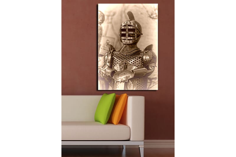 Lerretsbilde 70x100 cm - Middelalderridder i rustning med karakteristisk hjelmdesign - Sølv / Grå / Brun - Innredning - Bilder & kunst - Lerretsbilder