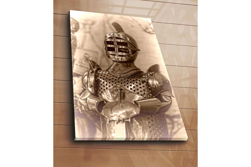 Lerretsbilde 70x100 cm - Middelalderridder i rustning med karakteristisk hjelmdesign - Sølv / Grå / Brun - Innredning - Bilder & kunst - Lerretsbilder