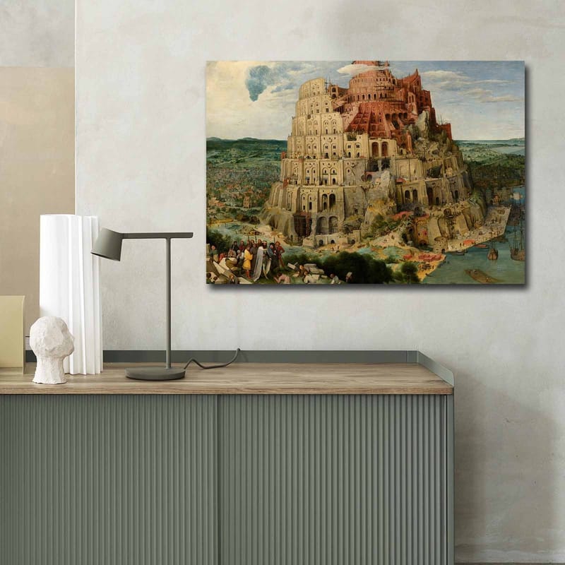 Lerretsbilde 70x100 cm - Monumental bygning som representerer Babels tårn, omgitt av landskap og mennesker - Rød / Beige / Grønn - Innredning - Bilder & kunst - Lerretsbilder