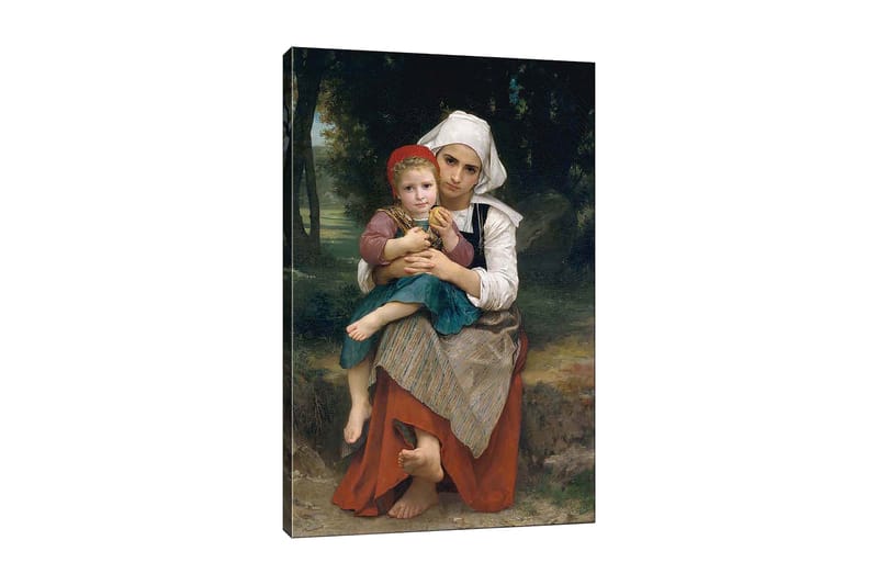 Lerretsbilde 70x100 cm - Mor holder barnet sitt i armene, med en følelse av ømhet og nærhet, Rød / Grønn / Hvit