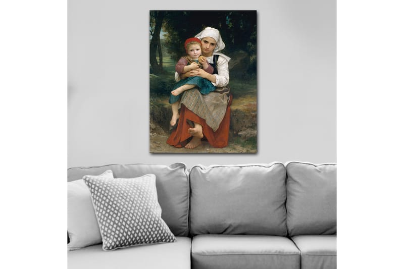 Lerretsbilde 70x100 cm - Mor holder barnet sitt i armene, med en følelse av ømhet og nærhet - Rød / Grønn / Hvit - Innredning - Bilder & kunst - Lerretsbilder