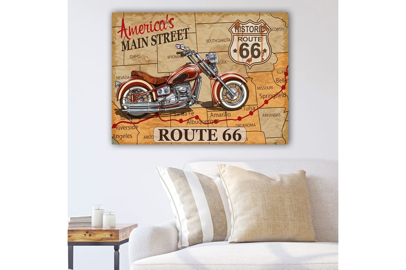 Lerretsbilde 70x100 cm - Motorsykkel på et kart over Route 66 med vintage-inspirert design, Rød / Brun / Grå