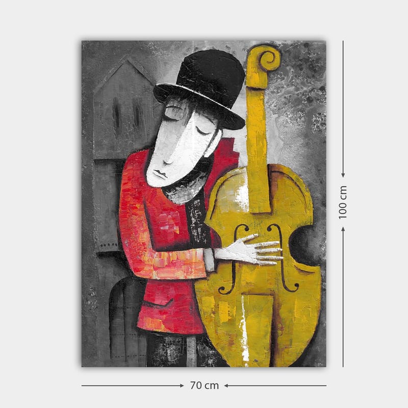 Lerretsbilde 70x100 cm - Musiker som omfavner kontrabassen sin i en stilisert og fargerik komposisjon - Rød / Gul / Svart - Innredning - Bilder & kunst - Lerretsbilder