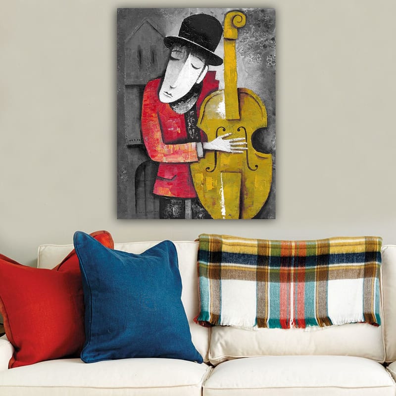 Lerretsbilde 70x100 cm - Musiker som omfavner kontrabassen sin i en stilisert og fargerik komposisjon - Rød / Gul / Svart - Innredning - Bilder & kunst - Lerretsbilder