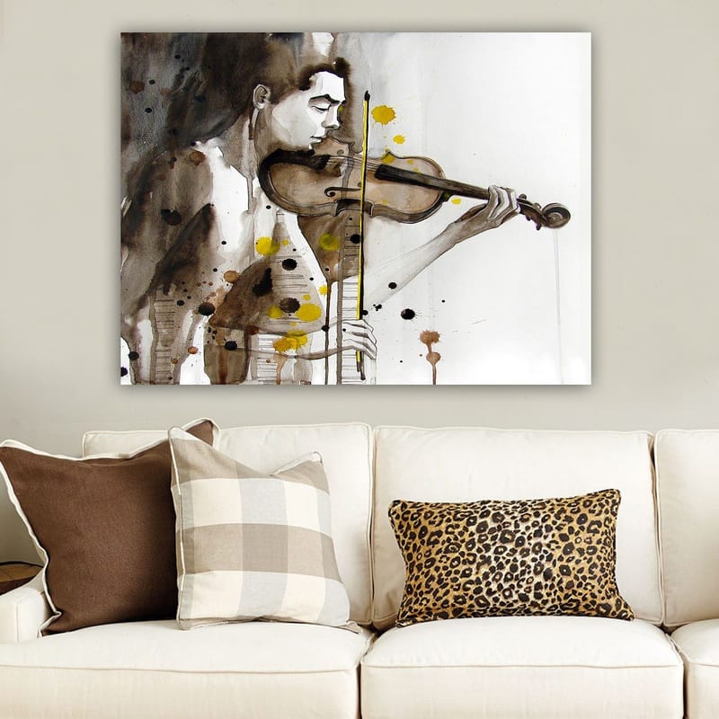 Lerretsbilde 70x100 cm - Musiker som spiller fiolin, fanget i en emosjonell og uttrykksfull stil, Brun / Gul / Svart