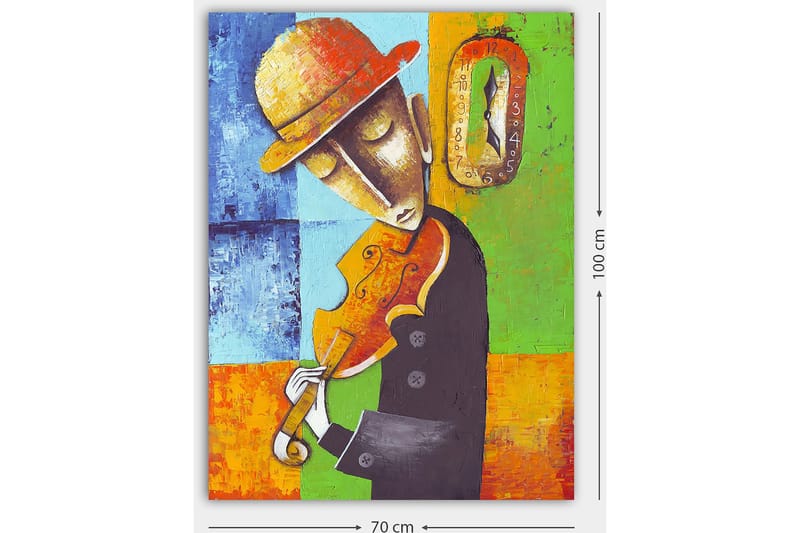 Lerretsbilde 70x100 cm - Musiker som spiller fiolin, kledd i svart med en gul hatt, omgitt av fargerike geometriske former - Oransje / Grønn / Blå - Innredning - Bilder & kunst - Lerretsbilder