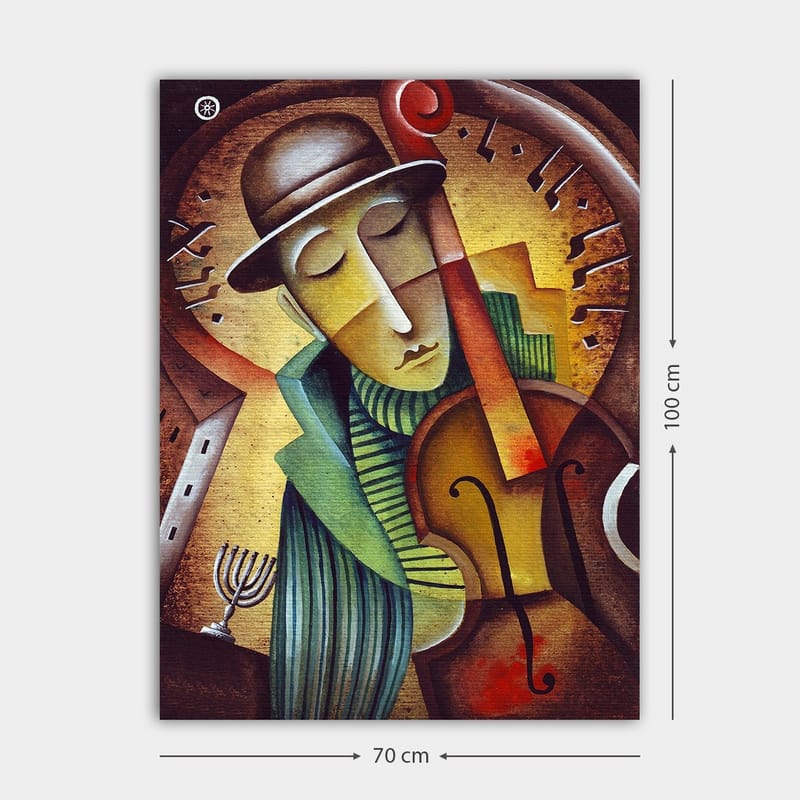 Lerretsbilde 70x100 cm - Musiker som spiller fiolin med et melankolsk uttrykk og en stilisert bakgrunn - Brun / Grønn / Gul - Innredning - Bilder & kunst - Lerretsbilder