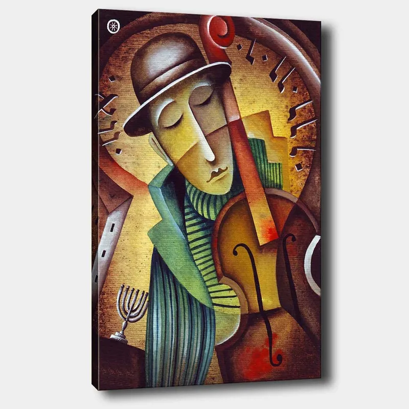 Lerretsbilde 70x100 cm - Musiker som spiller fiolin med et melankolsk uttrykk og en stilisert bakgrunn, Brun / Grønn / Gul