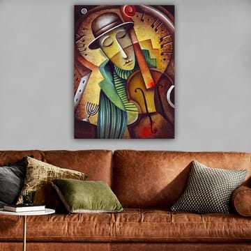 Lerretsbilde 70x100 cm - Musiker som spiller fiolin med et melankolsk uttrykk og en stilisert bakgrunn - Brun / Grønn / Gul - Innredning - Bilder & kunst - Lerretsbilder