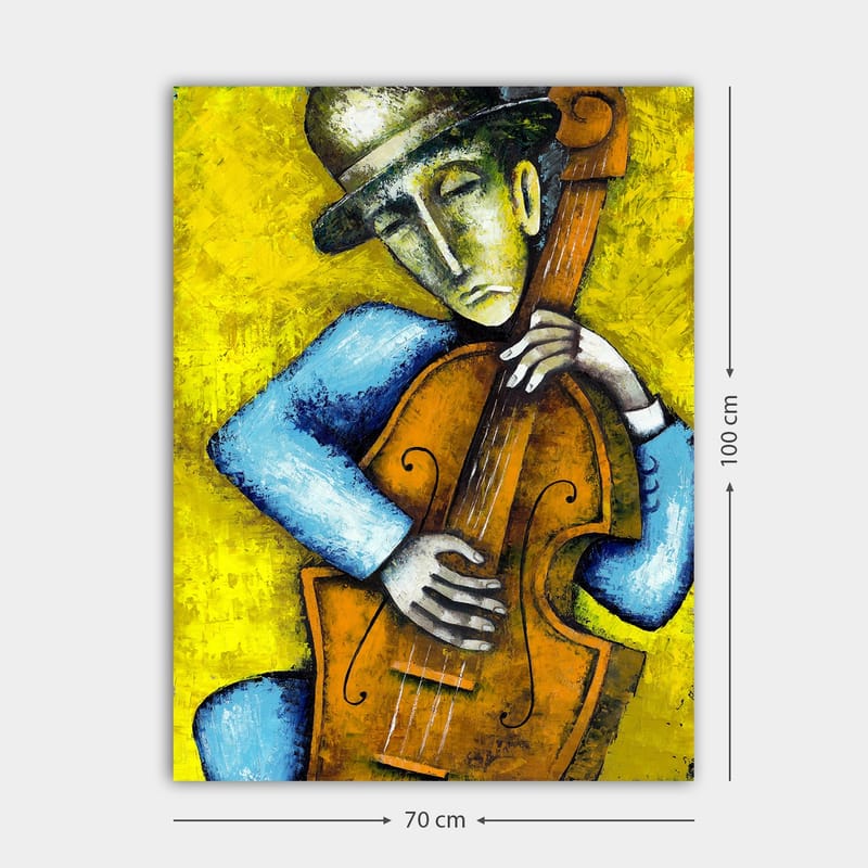 Lerretsbilde 70x100 cm - Musiker som spiller kontrabass med et følelsesladet uttrykk - Gul / Blå / Brun - Innredning - Bilder & kunst - Lerretsbilder