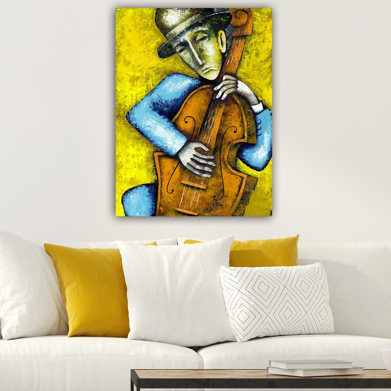Lerretsbilde 70x100 cm - Musiker som spiller kontrabass med et følelsesladet uttrykk - Gul / Blå / Brun - Innredning - Bilder & kunst - Lerretsbilder