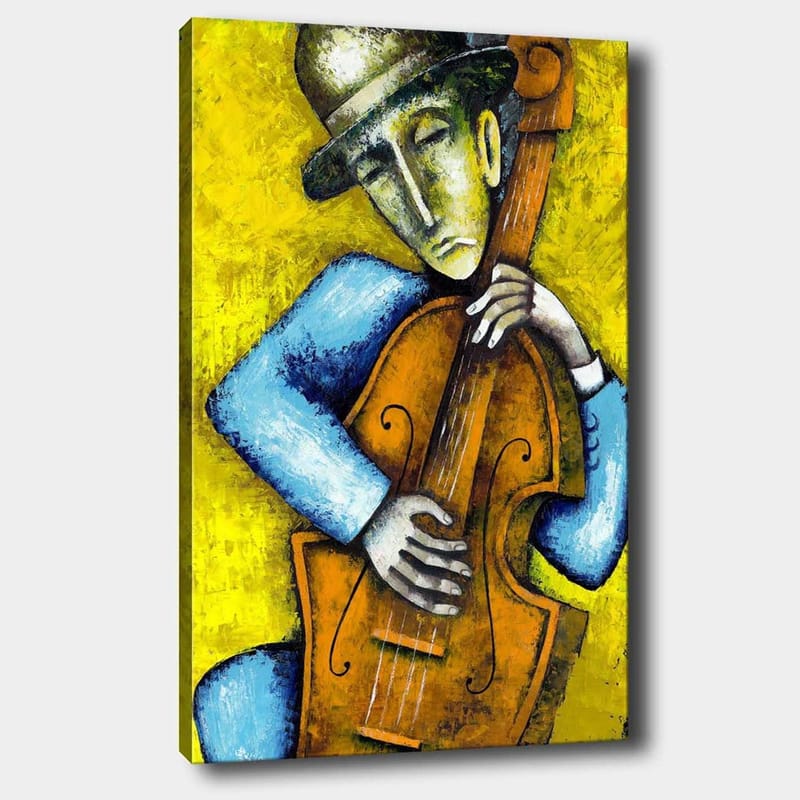 Lerretsbilde 70x100 cm - Musiker som spiller kontrabass med et følelsesladet uttrykk, Gul / Blå / Brun