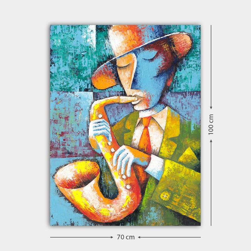 Lerretsbilde 70x100 cm - Musiker som spiller saksofon med et fargerikt og stilisert utseende - Gul / Blå / Oransje - Innredning - Bilder & kunst - Lerretsbilder