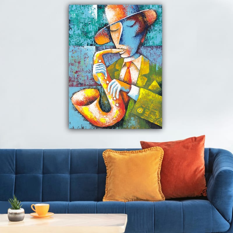 Lerretsbilde 70x100 cm - Musiker som spiller saksofon med et fargerikt og stilisert utseende - Gul / Blå / Oransje - Innredning - Bilder & kunst - Lerretsbilder