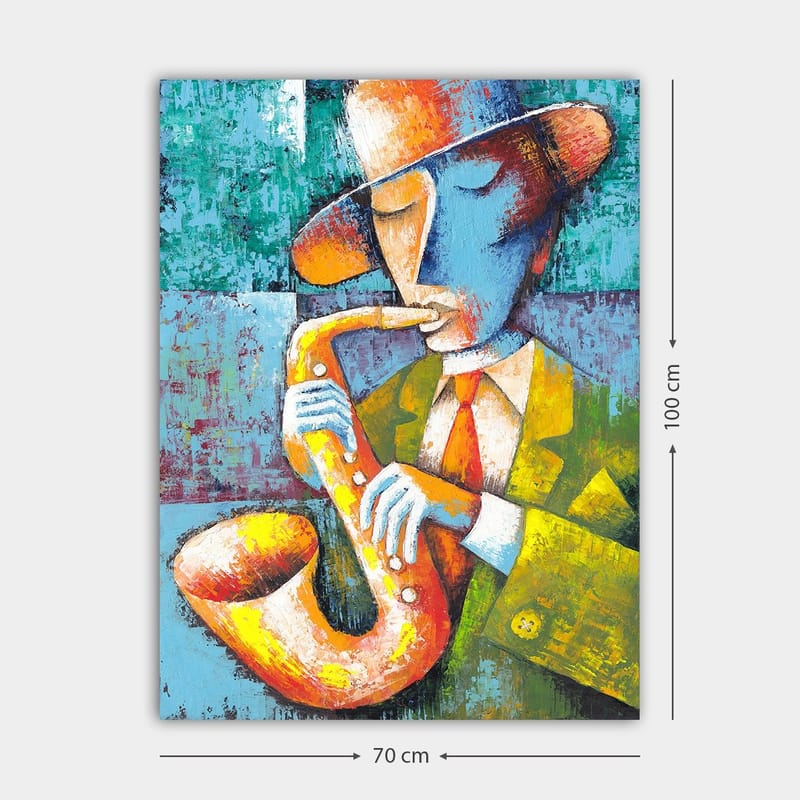 Lerretsbilde 70x100 cm - Musiker som spiller saksofon med et fargerikt og stilisert utseende - Gul / Blå / Oransje - Innredning - Bilder & kunst - Lerretsbilder