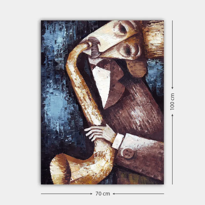 Lerretsbilde 70x100 cm - Musiker som spiller saksofon med et stilisert og uttrykksfullt utseende - Mørk blå / Beige / Brun - Innredning - Bilder & kunst - Lerretsbilder