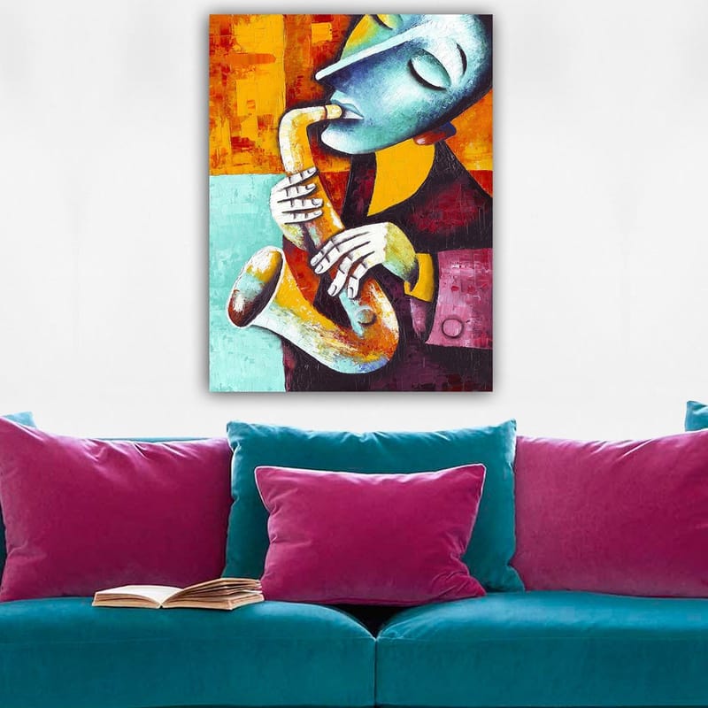 Lerretsbilde 70x100 cm - Musiker som spiller saksofon med et uttrykksfullt ansiktsuttrykk - Turkis / Oransje / Svart - Innredning - Bilder & kunst - Lerretsbilder