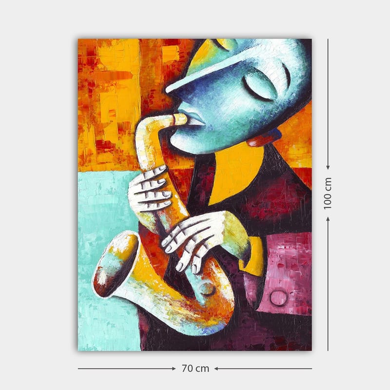 Lerretsbilde 70x100 cm - Musiker som spiller saksofon med et uttrykksfullt ansiktsuttrykk - Turkis / Oransje / Svart - Innredning - Bilder & kunst - Lerretsbilder