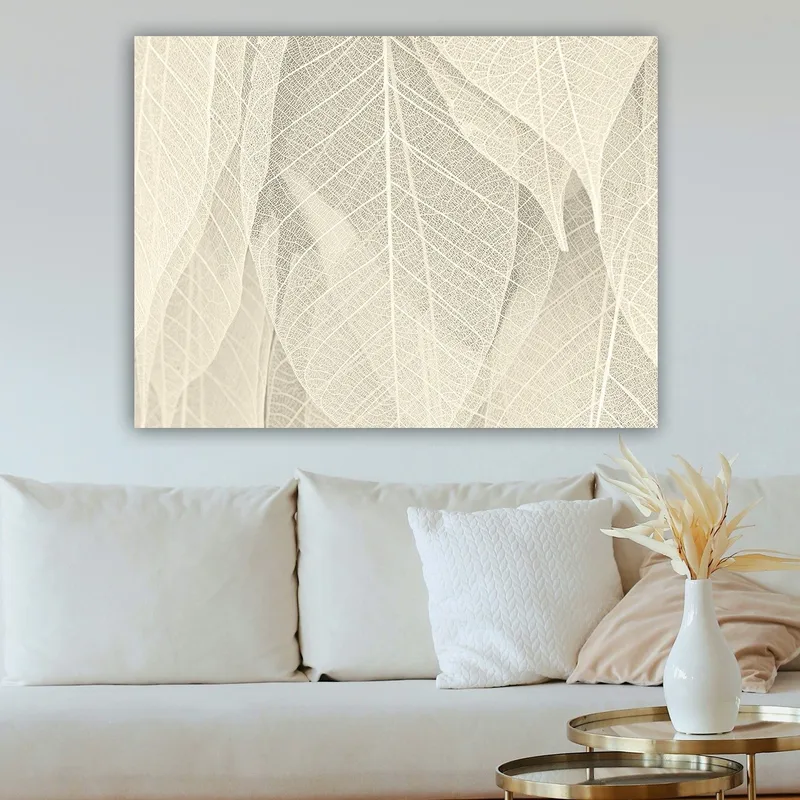Lerretsbilde 70x100 cm - Myk og subtil komposisjon av gjennomskinnelige blader som skaper en følelse av ro og harmoni - Lys beige / Hvit - Innredning - Bilder & kunst - Lerretsbilder