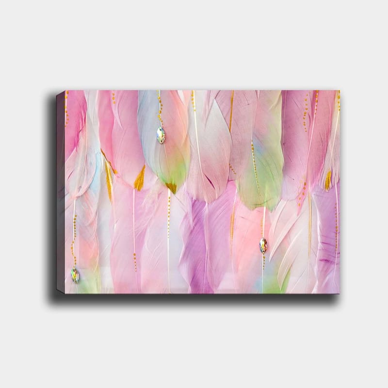 Lerretsbilde 70x100 cm - Myke fjær i pastellfarger som skaper en drømmeaktig atmosfære - Lys rosa / Mintgrønn / Gull - Innredning - Bilder & kunst - Lerretsbilder