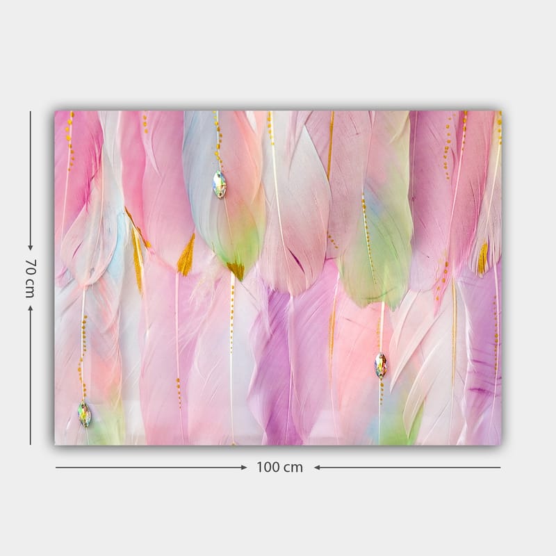 Lerretsbilde 70x100 cm - Myke fjær i pastellfarger som skaper en drømmeaktig atmosfære - Lys rosa / Mintgrønn / Gull - Innredning - Bilder & kunst - Lerretsbilder