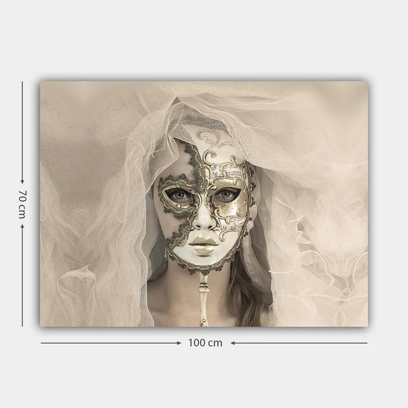 Lerretsbilde 70x100 cm - Mystisk kvinne med detaljert maske og slør som skaper en drømmeaktig atmosfære - Hvit / Gull / Svart - Innredning - Bilder & kunst - Lerretsbilder