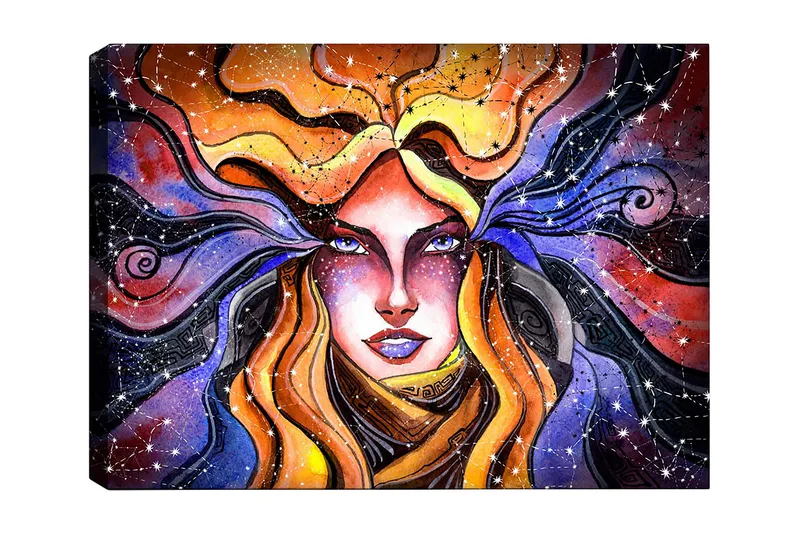 Lerretsbilde 70x100 cm - Mystisk kvinne med flagrende hår som strekker seg ut mot en stjernehimmel - Oransje / Lilla / Gull - Innredning - Bilder & kunst - Lerretsbilder