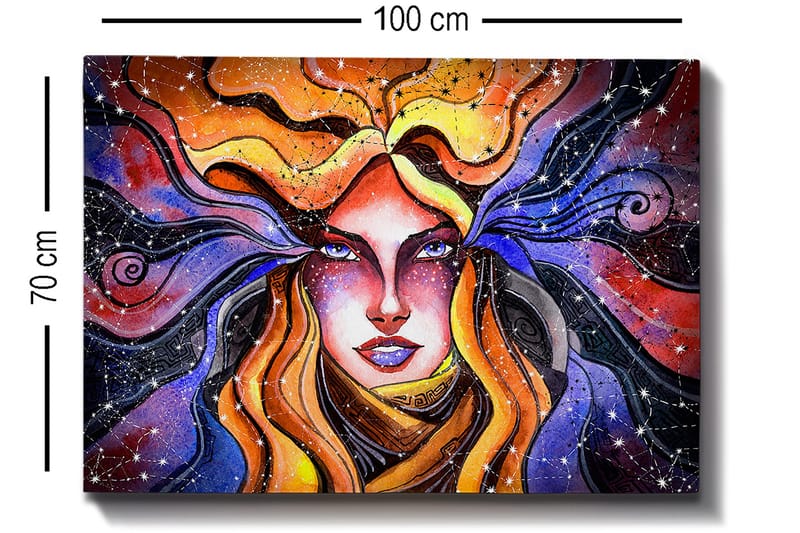Lerretsbilde 70x100 cm - Mystisk kvinne med flagrende hår som strekker seg ut mot en stjernehimmel - Oransje / Lilla / Gull - Innredning - Bilder & kunst - Lerretsbilder