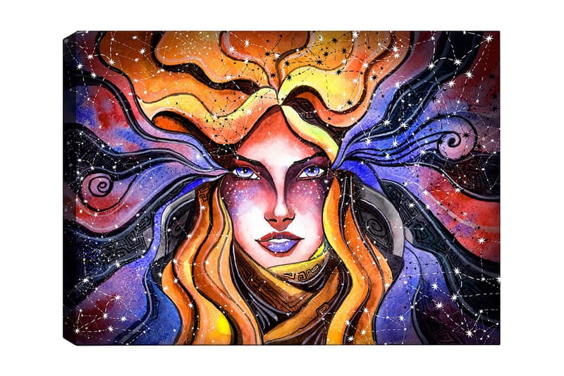Lerretsbilde 70x100 cm - Mystisk kvinne med flagrende hår som strekker seg ut mot en stjernehimmel - Oransje / Lilla / Gull - Innredning - Bilder & kunst - Lerretsbilder