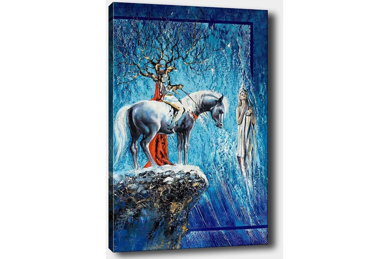Lerretsbilde 70x100 cm - Mystisk scene med en hest og en kvinne i et drømmeaktig miljø - Blå / Hvit / Rød - Innredning - Bilder & kunst - Lerretsbilder