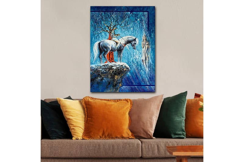 Lerretsbilde 70x100 cm - Mystisk scene med en hest og en kvinne i et drømmeaktig miljø, Blå / Hvit / Rød