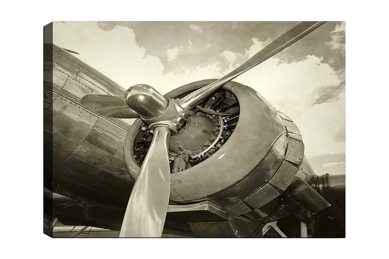 Lerretsbilde 70x100 cm - Nærbilde av en flypropell og motor i vintagestil, Grå / Sølv