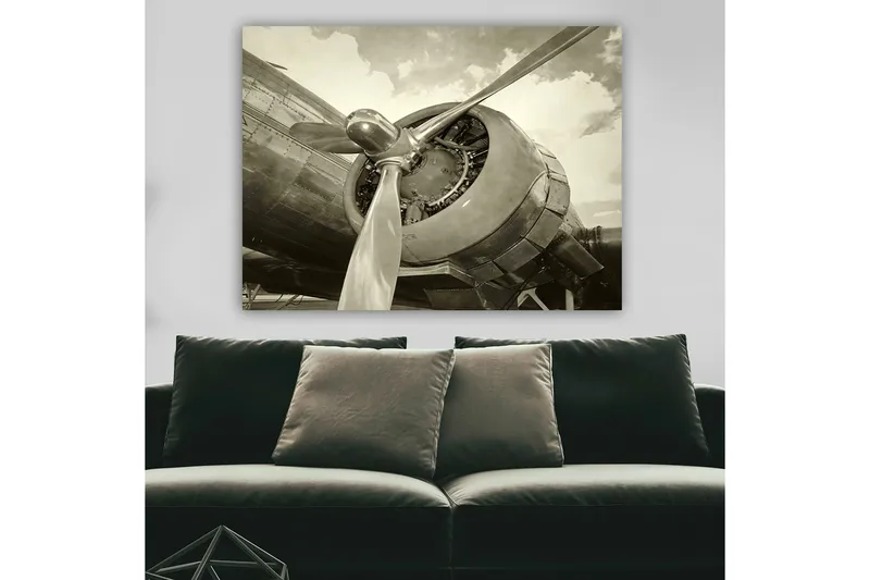 Lerretsbilde 70x100 cm - Nærbilde av en flypropell og motor i vintagestil - Grå / Sølv - Innredning - Bilder & kunst - Lerretsbilder