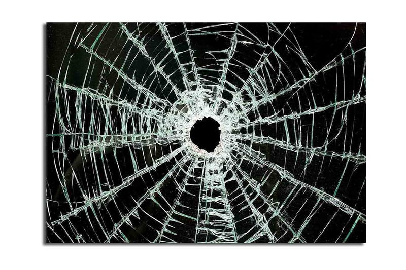 Lerretsbilde 70x100 cm - Nærbilde av en sprukket glassrute med et hull i midten og sprekker som strekker seg utover, Svart / Gjennomsiktig