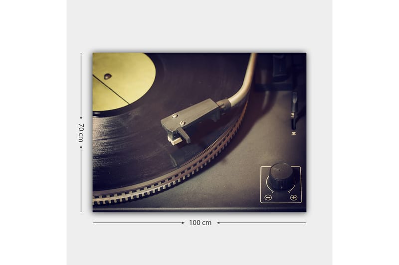 Lerretsbilde 70x100 cm - Nærbilde av en platespiller med vinylplate og tonearm - Svart / Grå / Gul - Innredning - Bilder & kunst - Lerretsbilder