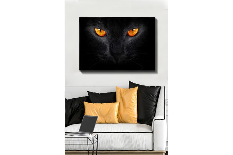 Lerretsbilde 70x100 cm - Nærbilde av et svart kattehode med intense øyne, Svart / Oransje
