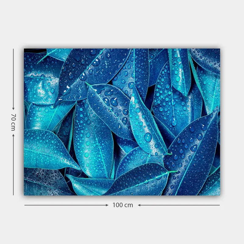 Lerretsbilde 70x100 cm - Nærbilde av vanndråper på grønne blader som skaper en frisk og livlig følelse - Blå / Turkis - Innredning - Bilder & kunst - Lerretsbilder