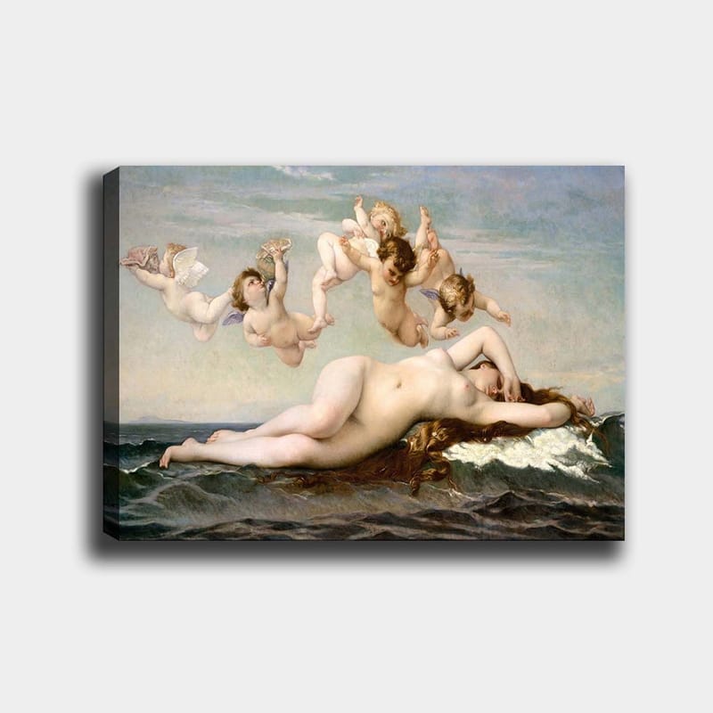 Lerretsbilde 70x100 cm - Naken kvinne liggende på havets bølger omgitt av lekne engler, Beige / Himmelblå / Sjøgrønn