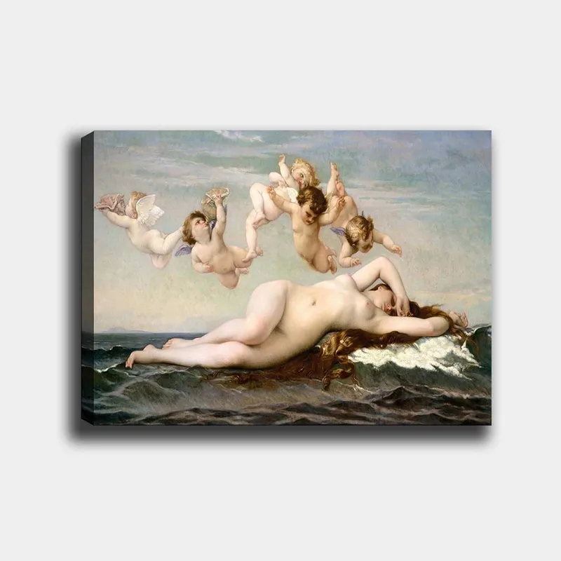 Lerretsbilde 70x100 cm - Naken kvinne liggende på havets bølger omgitt av lekne engler, Beige / Himmelblå / Sjøgrønn