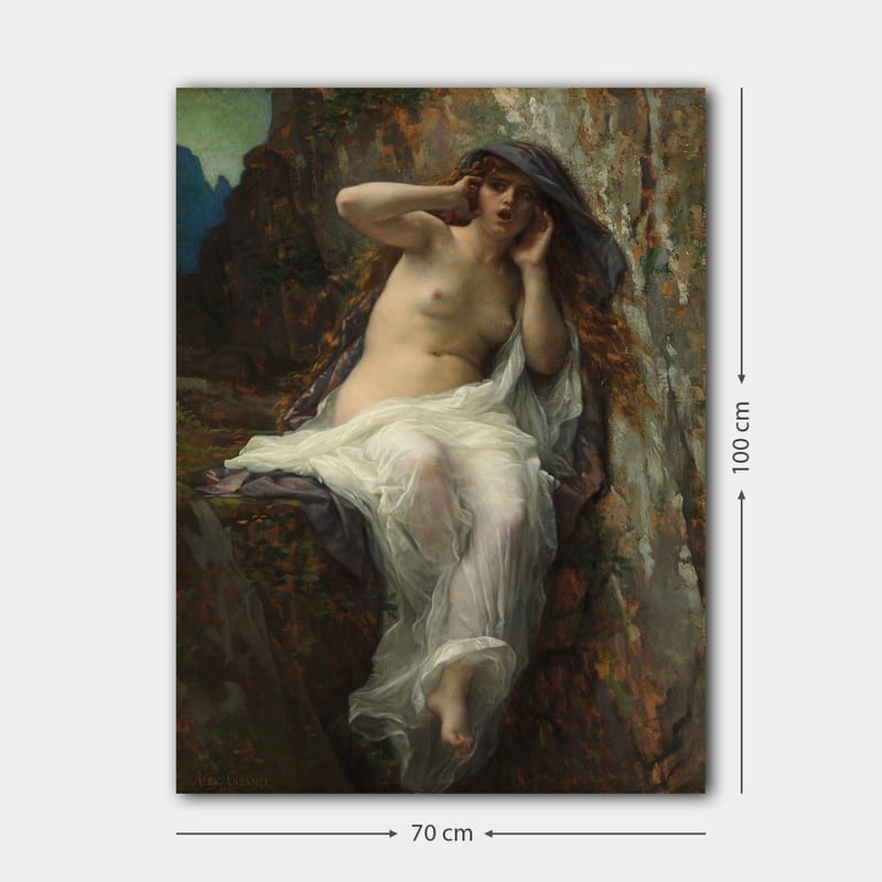 Lerretsbilde 70x100 cm - Naken kvinne sittende på en stein med en dramatisk og uttrykksfull positur - Beige / Hvit / Mørk grå - Innredning - Bilder & kunst - Lerretsbilder