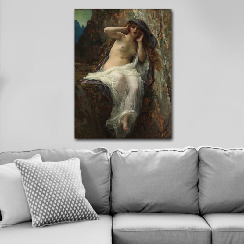 Lerretsbilde 70x100 cm - Naken kvinne sittende på en stein med en dramatisk og uttrykksfull positur - Beige / Hvit / Mørk grå - Innredning - Bilder & kunst - Lerretsbilder