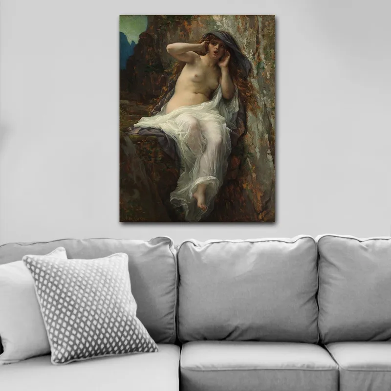 Lerretsbilde 70x100 cm - Naken kvinne sittende på en stein med en dramatisk og uttrykksfull positur, Beige / Hvit / Mørk grå