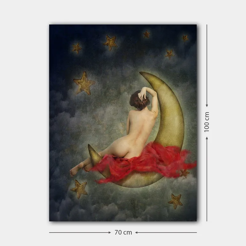 Lerretsbilde 70x100 cm - Naken kvinne sittende på en halvmåne omgitt av stjerner og skyer - Gull / Rød / Beige - Innredning - Bilder & kunst - Lerretsbilder