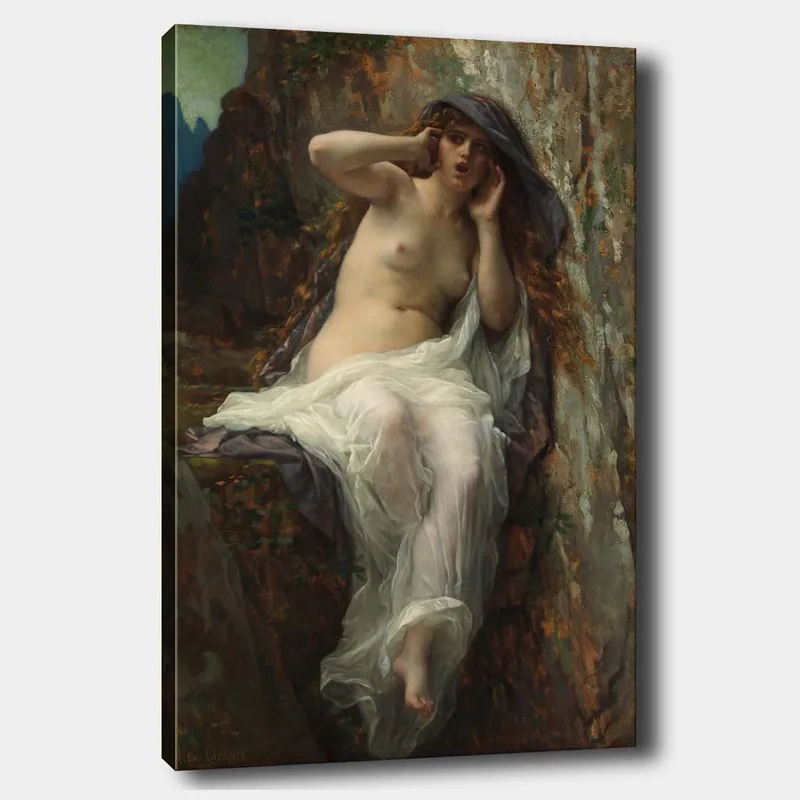 Lerretsbilde 70x100 cm - Naken kvinne sittende på en stein med en dramatisk og uttrykksfull positur - Beige / Hvit / Mørk grå - Innredning - Bilder & kunst - Lerretsbilder